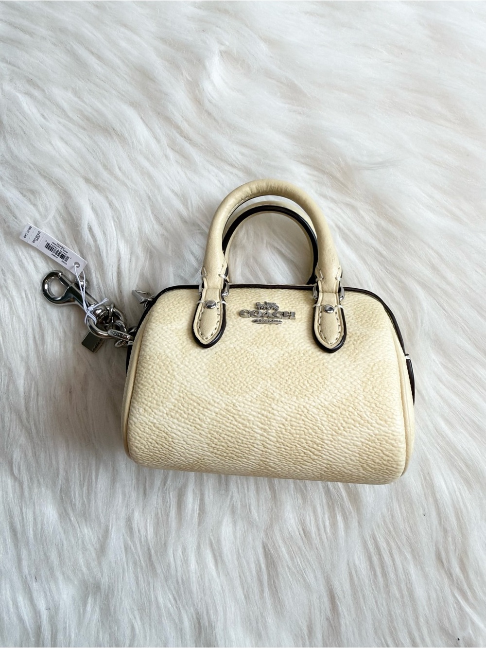 NWT COACH Mini Rowan Satchel Bag Charm In Signature Canvas Sand Taupe